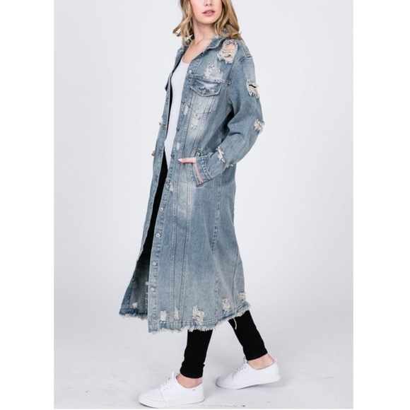 Plus Size Distressed Destroyed Vintage Long Maxi Denim Jean Jacket Coat - Picture 4 of 8